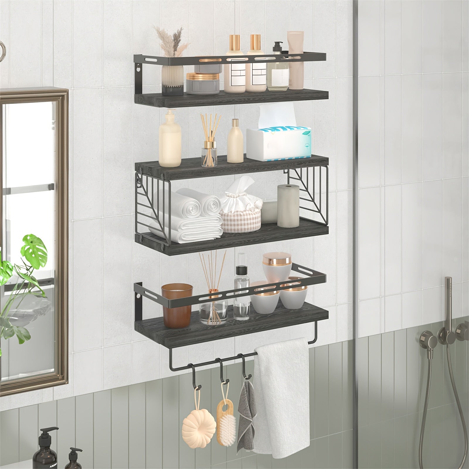 3+1 Tier Wall Mounted Bathroom Shelves Over Toilet, Farmhouse Shelf Toilet Paper Storage, Wood Floating Shelves for Room Decor, Wall Dresser, Heavy Duty Shelves, Bathroom Storage And Accessories, Bedroom, Living Room, for Halloween And Christmas