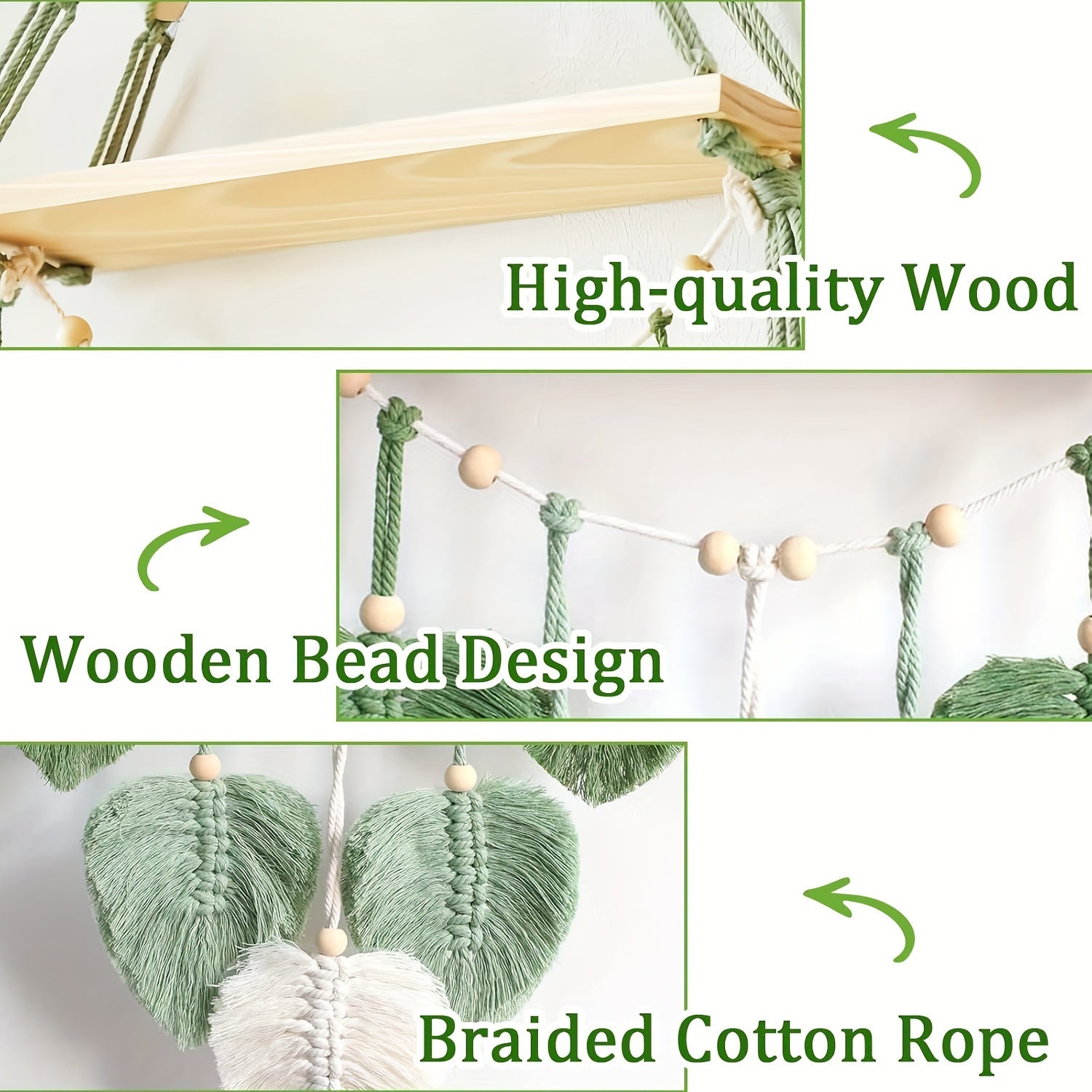 Macrame Wall Hanging Shelf, Boho Wall Plant Hanger Shelves With Handmade Woven Leaves, Wood Floating Shelf For Bedroom Living Room Apartment Home Decor