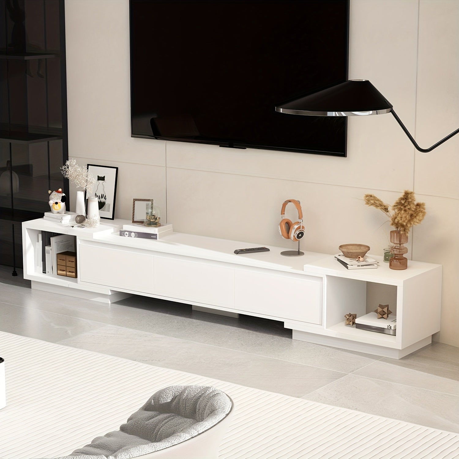 Contemporary Television Unit Featuring Three Drawers, a Versatile And Extendable Design Suitable for Televisions Measuring Up to 120 Inches, a Wooden Gaming And Entertainment Center with Adjustable Width
