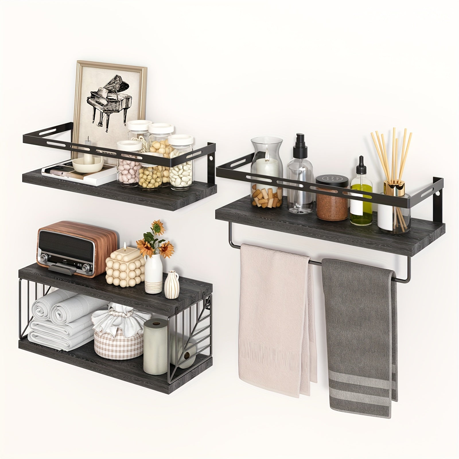 3+1 Tier Wall Mounted Bathroom Shelves Over Toilet, Farmhouse Shelf Toilet Paper Storage, Wood Floating Shelves for Room Decor, Wall Dresser, Heavy Duty Shelves, Bathroom Storage And Accessories, Bedroom, Living Room, for Halloween And Christmas