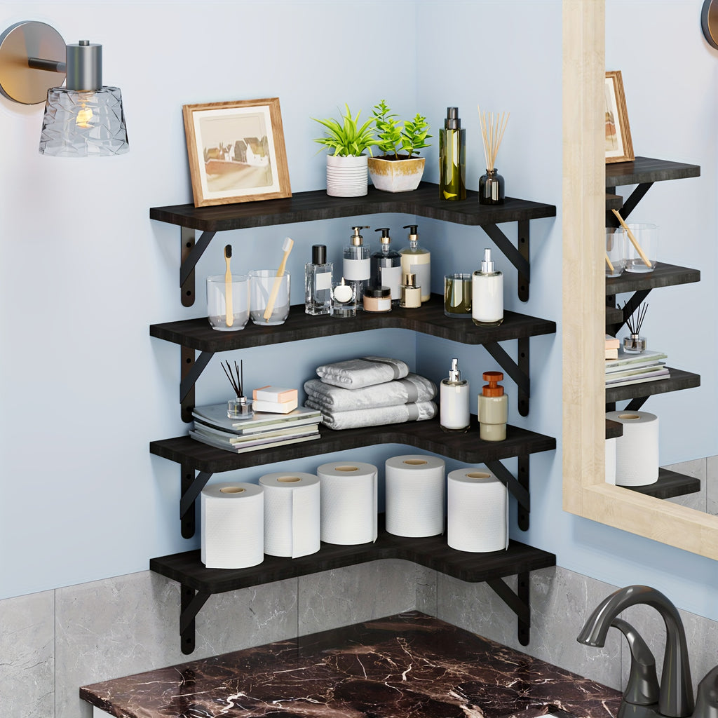 4pcs Rustic Wood Floating Shelves Wall Mounted - Wood Grain Heavy-Duty Wood Planks Suitable for Home Decor, Bathroom, Kitchen, Bedroom, Living Room, Office - Assembly, Display & Storage Shelves, Floating Shelves