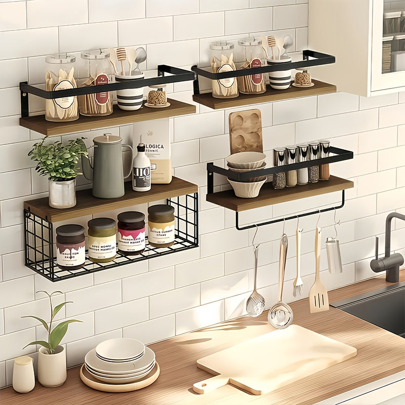 4 Iron Wrought Wooden Suspended Shelves, Hard Wood, Iron Frame Fence, Firm And Convenient, Suitable For Vases, Flower POTS, Books, Incense, Candles, Cups, Snacks And Other Sundry Storage, Valentine'S Day\u002FNew Year Decorater, Floating Shelves