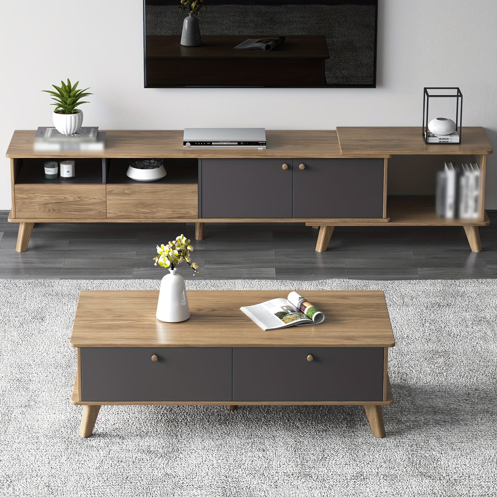 3pcs Mid Century Modern TV Stand Entertainment Center | Extendable TV Cabinet, Coffee Table and Side Table Set of 3, TV Cabinet with Storage for TVs Up to 80\