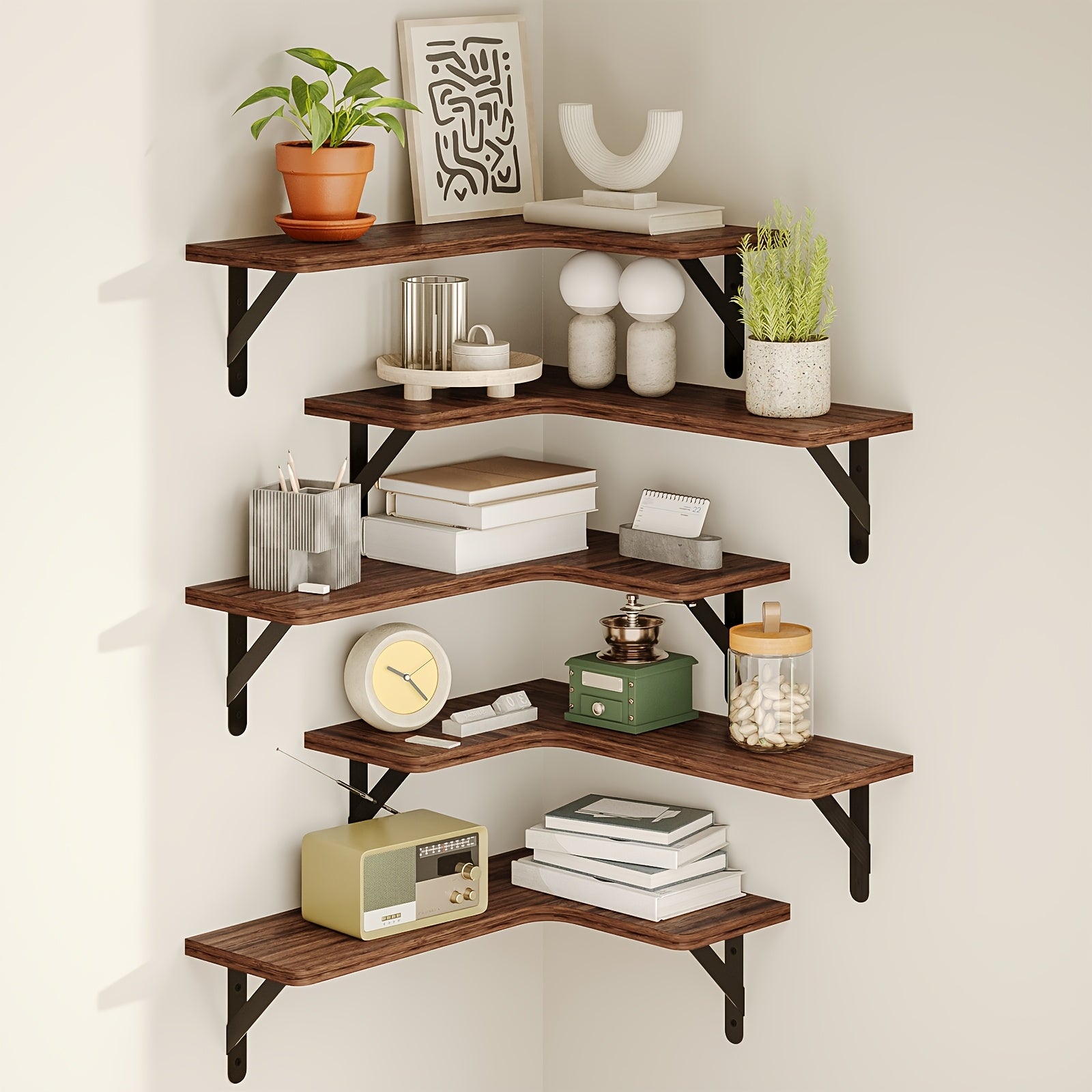 TOMNK Corner Floating Shelves, Rustic Wood Wall Shelves Heavy Duty, Easy To Install Space Saving, For Room Decor Bathroom Storage And Accessories Kitchen Bedroom Or Living Room, 5\u002F6 Pcs, Muti Colours, For Halloween And Christmas