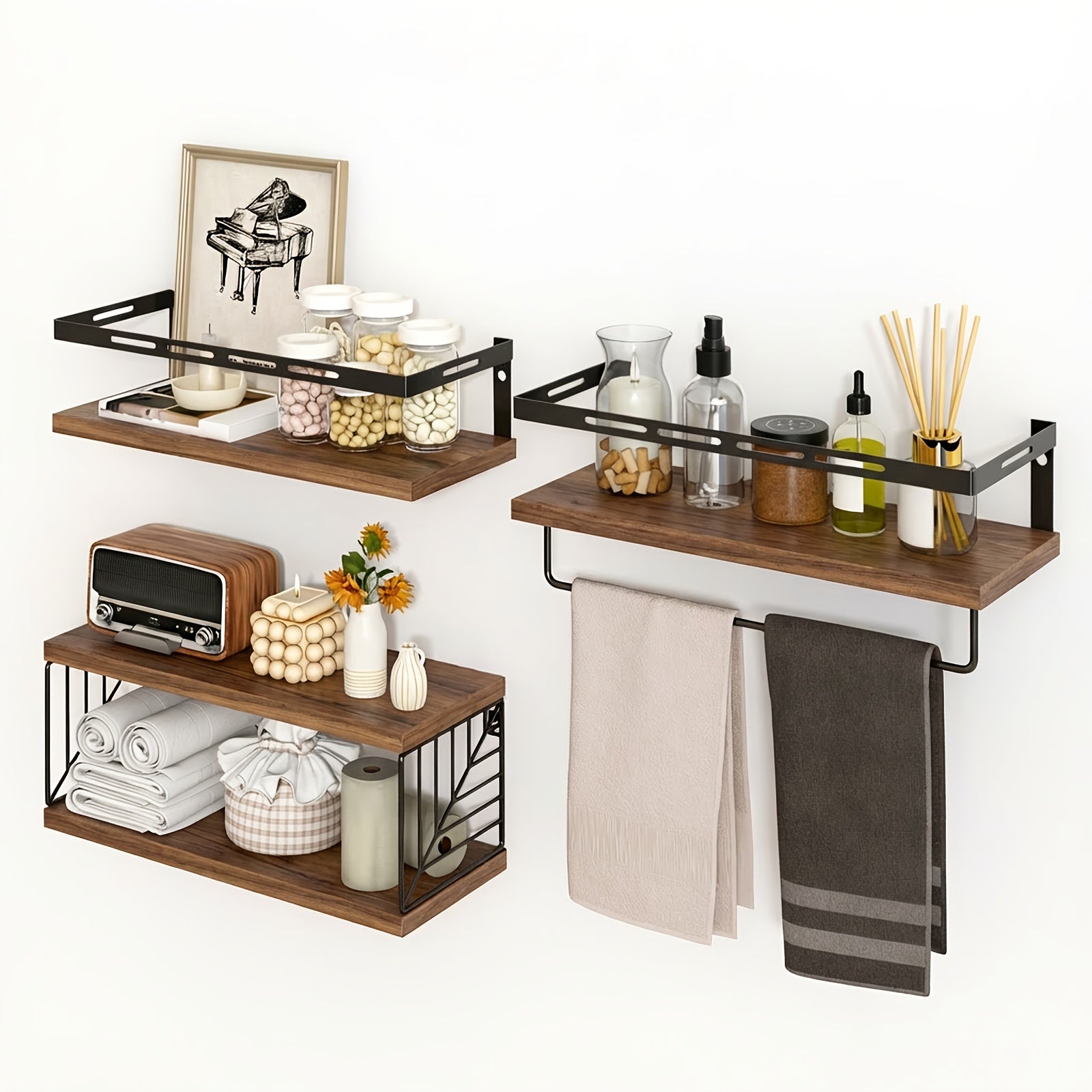 3+1 Tier Wall Mounted Bathroom Shelves Over Toilet, Farmhouse Shelf Toilet Paper Storage, Wood Floating Shelves for Room Decor, Wall Dresser, Heavy Duty Shelves, Bathroom Storage And Accessories, Bedroom, Living Room, for Halloween And Christmas