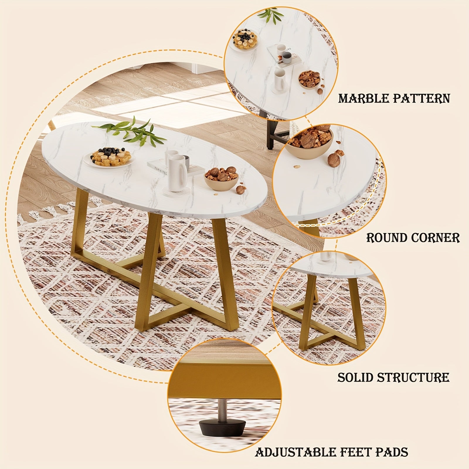 White Faux Marble Table Oval Coffee Table, White Faux Marble Living Room Table, Modern Small Space Center Coffee Table With Sturdy Metal Legs, Metal Frame, Easy To Assemble, Versatile Home Or Office Furniture For Living Room