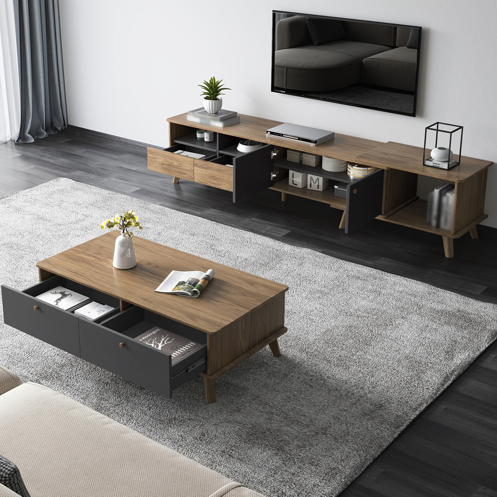 3pcs Mid Century Modern TV Stand Entertainment Center | Extendable TV Cabinet, Coffee Table and Side Table Set of 3, TV Cabinet with Storage for TVs Up to 80\