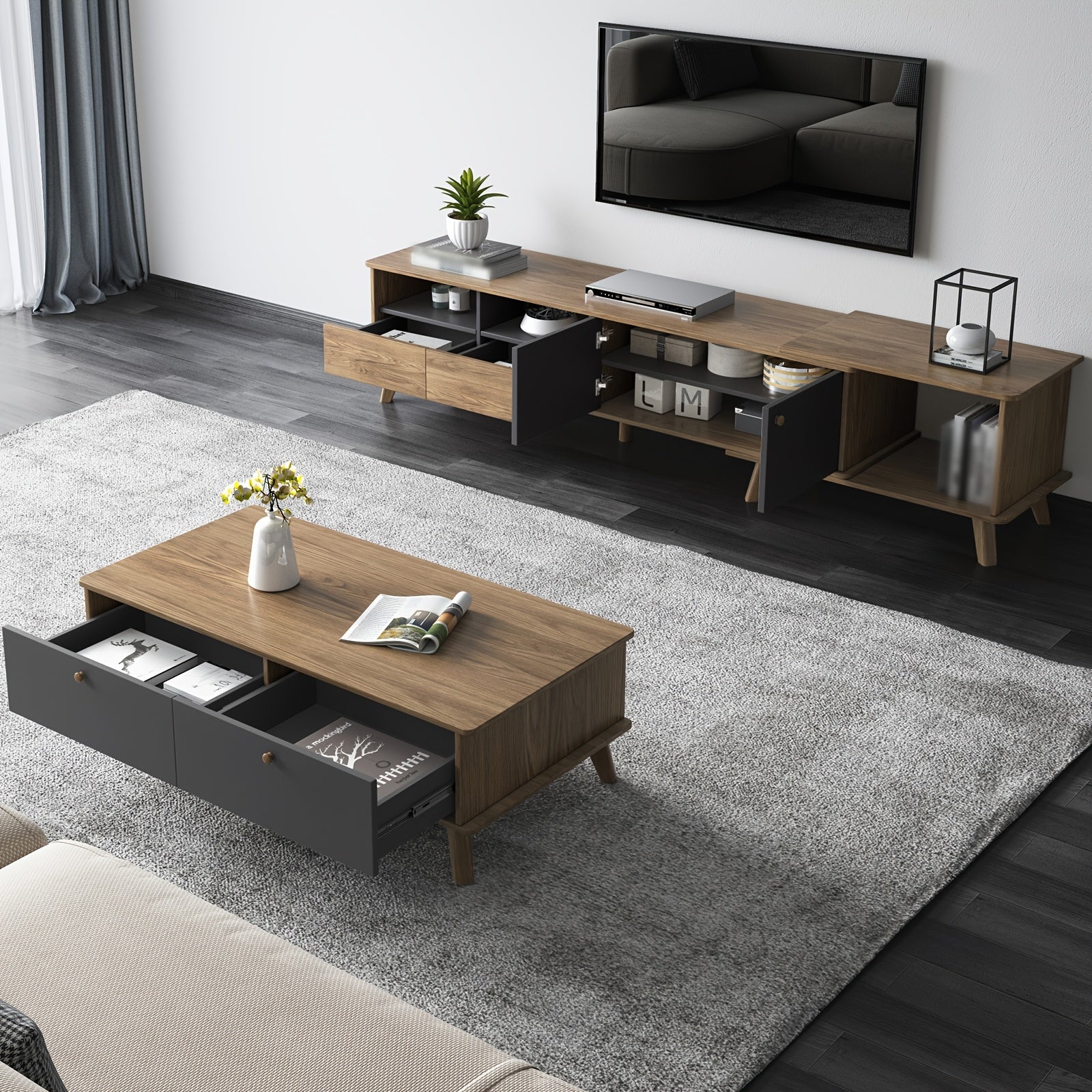 3pcs Mid Century Modern TV Stand Entertainment Center | Extendable TV Cabinet, Coffee Table and Side Table Set of 3, TV Cabinet with Storage for TVs Up to 80\