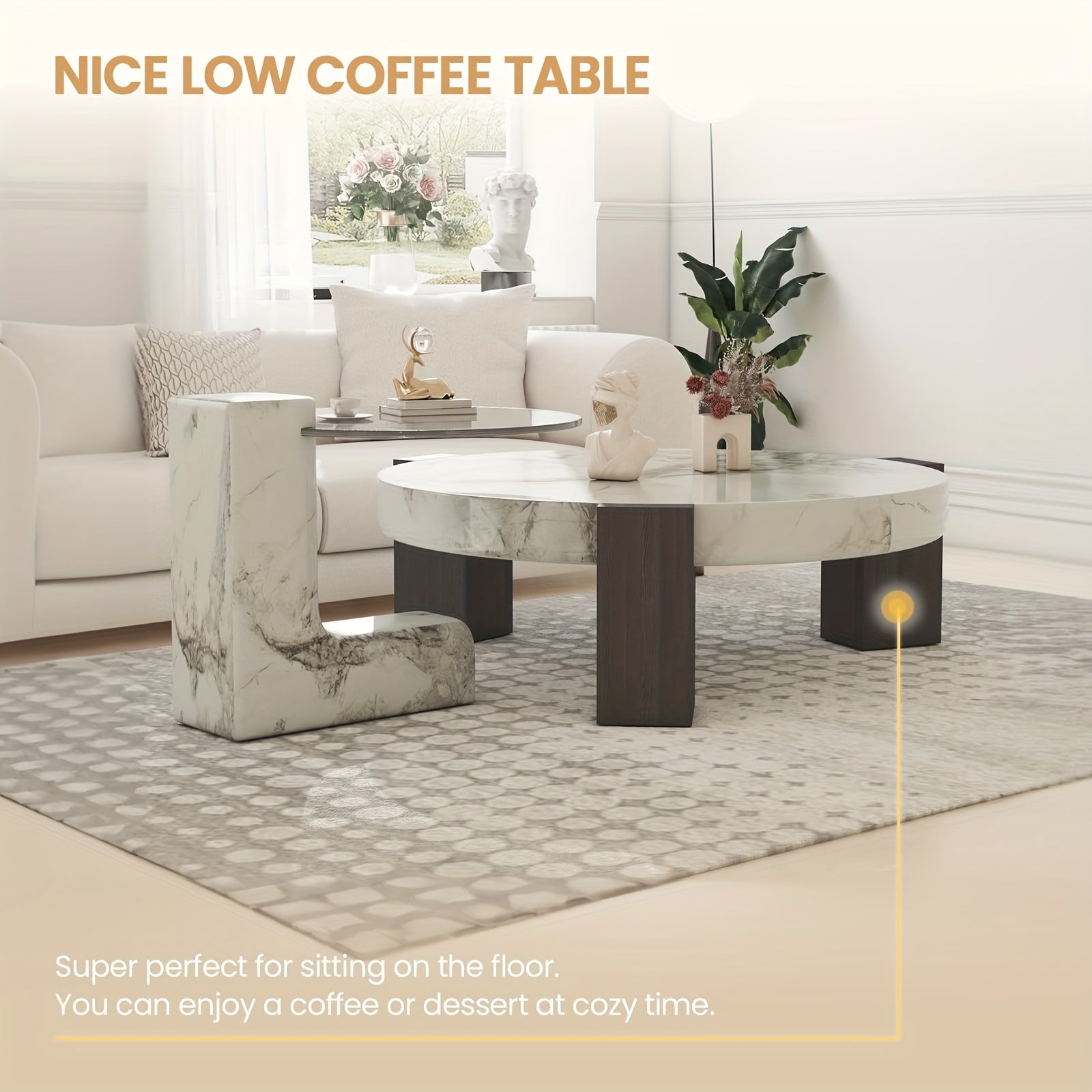 Contemporary Round Nesting Coffee Table Collection (Set of 2) - Distinctive Design - Circular Coffee Table for Living Spaces - Marble-Like Textured Top - C-Shaped Edge Table - Ideal for Living Rooms, Flats, And Bedrooms - Nesting Tables