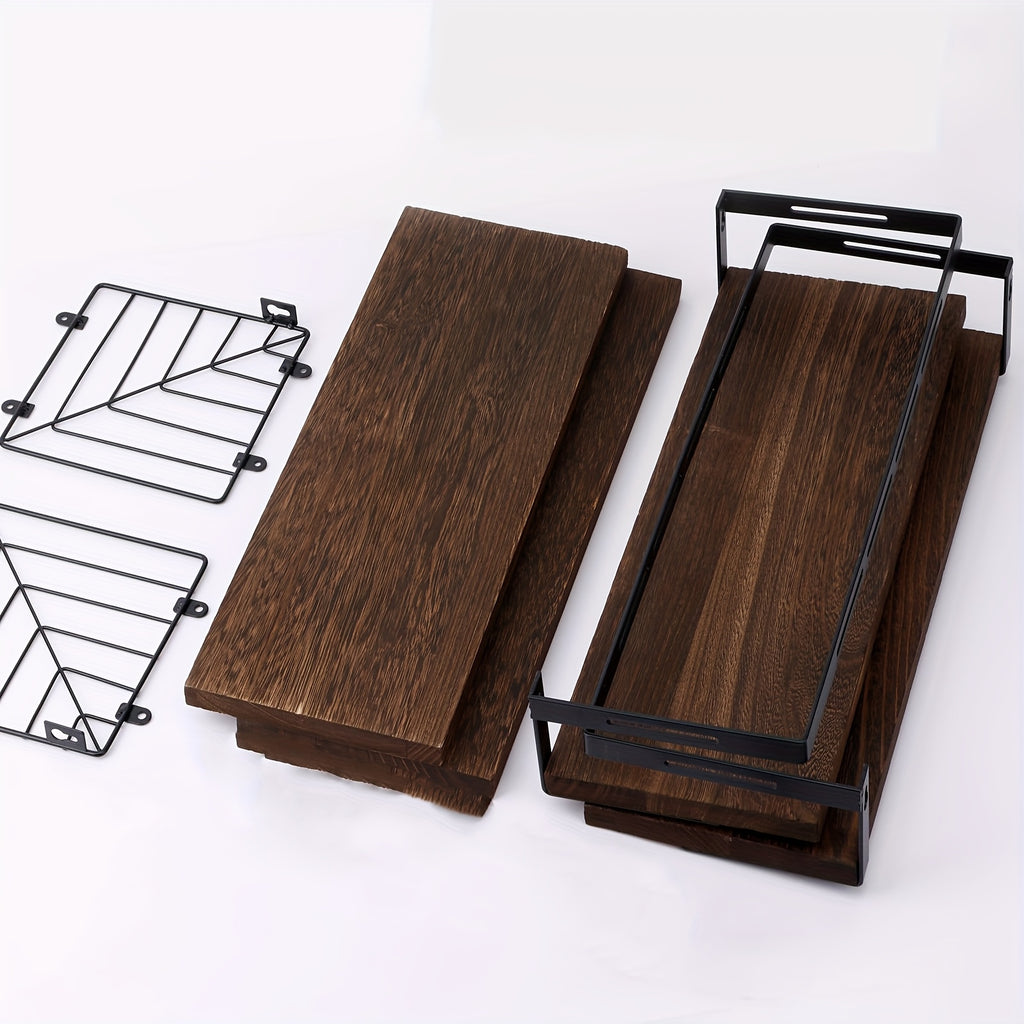 4 Iron Wrought Wooden Suspended Shelves, Hard Wood, Iron Frame Fence, Firm And Convenient, Suitable For Vases, Flower POTS, Books, Incense, Candles, Cups, Snacks And Other Sundry Storage, Valentine'S Day\u002FNew Year Decorater, Floating Shelves