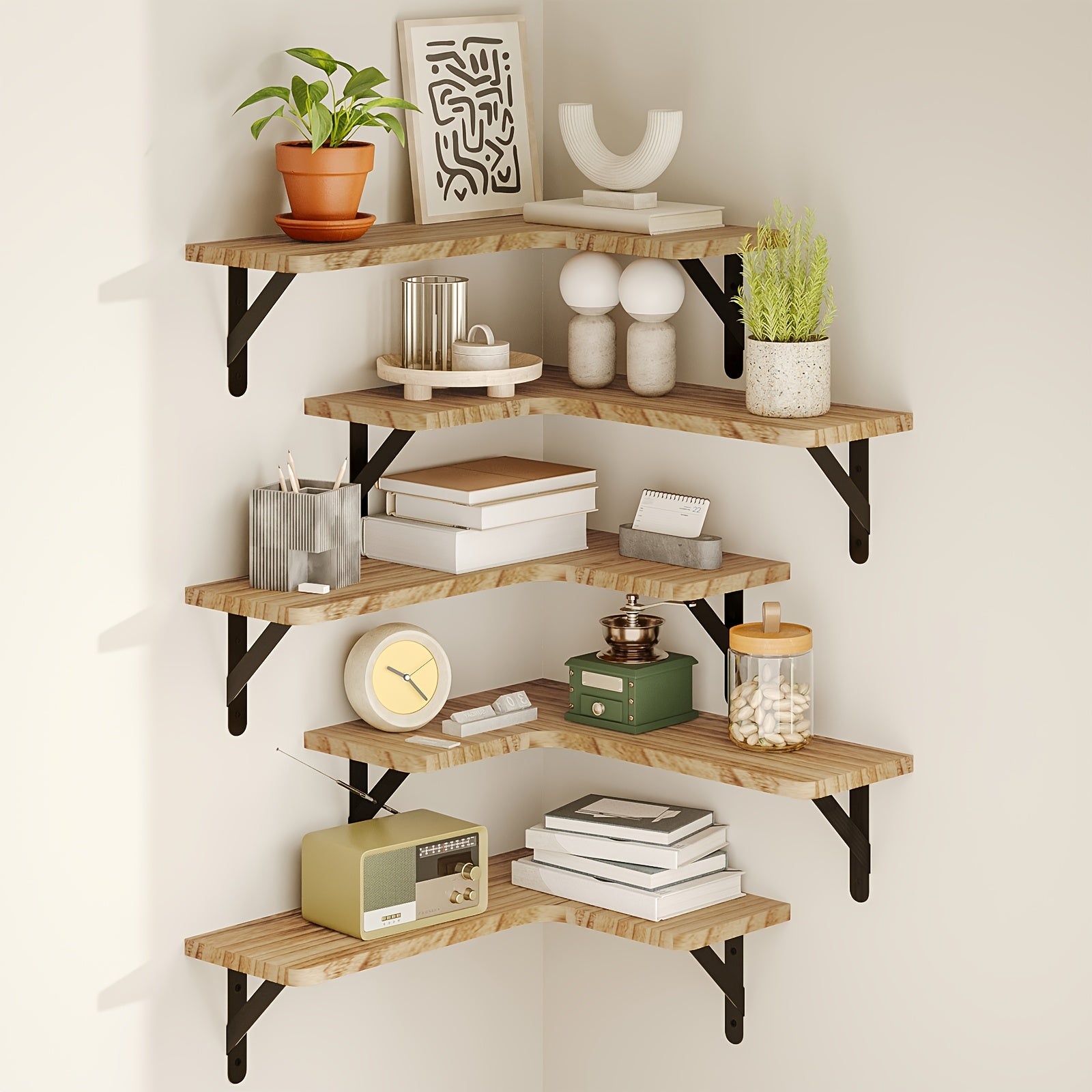 TOMNK Corner Floating Shelves, Rustic Wood Wall Shelves Heavy Duty, Easy To Install Space Saving, For Room Decor Bathroom Storage And Accessories Kitchen Bedroom Or Living Room, 5\u002F6 Pcs, Muti Colours, For Halloween And Christmas
