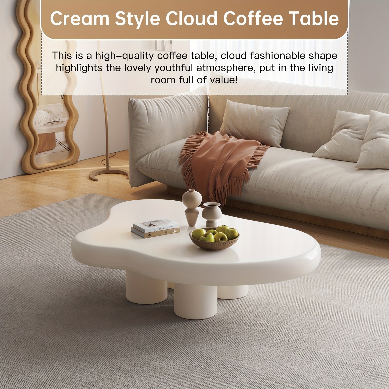 Modern White Cloud Tea Table - Unique Irregular Shape, 4-Leg Design for Living Room or Coffee Area, 35.82 Inches, Minimalist Style with Rounded Edges and Sleek Finish APPLE