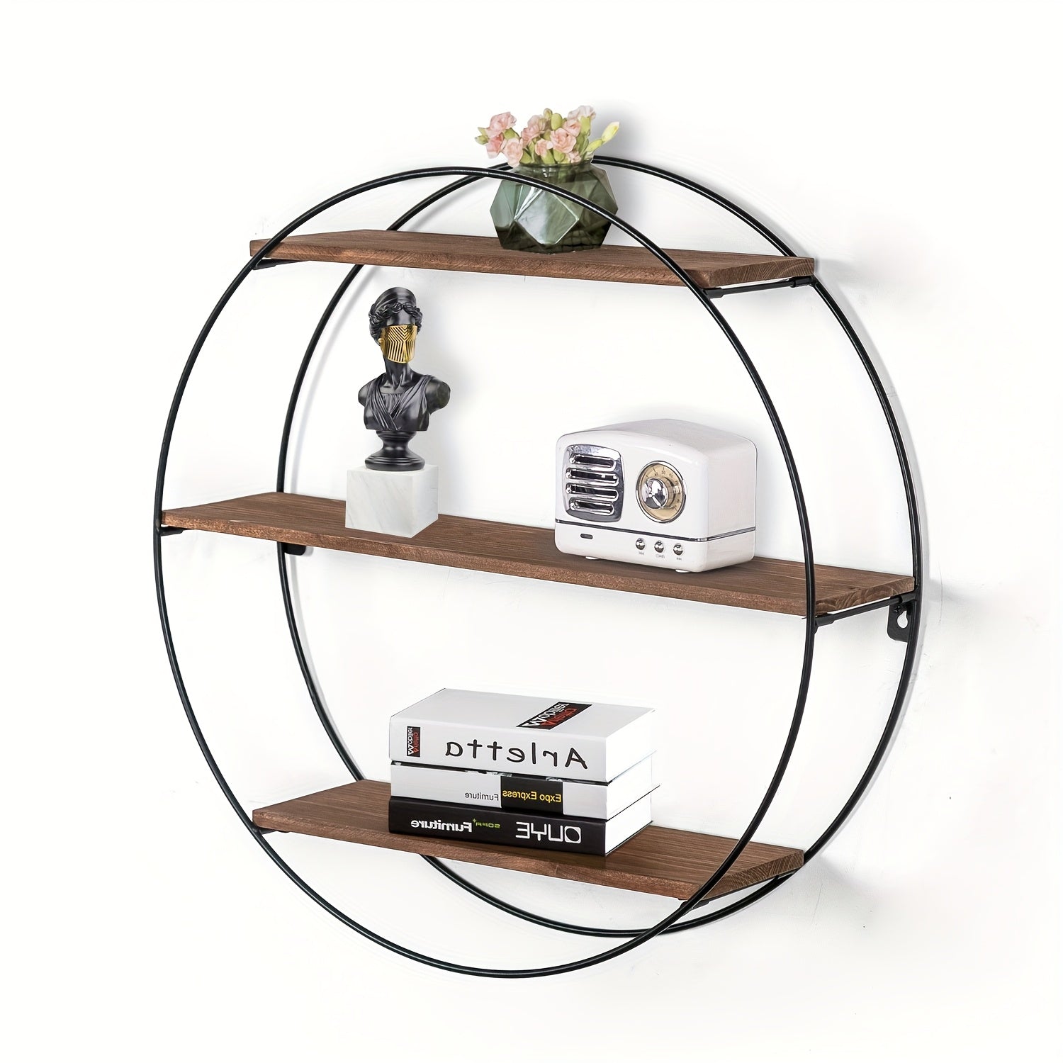 Round Floating 3-Tier Wall Shelf - Sturdy Wood And Metal Decorative Shelf for Living Room, Bedroom, Bathroom, Kitchen, Office, Halloween Decoration, Floating Shelves