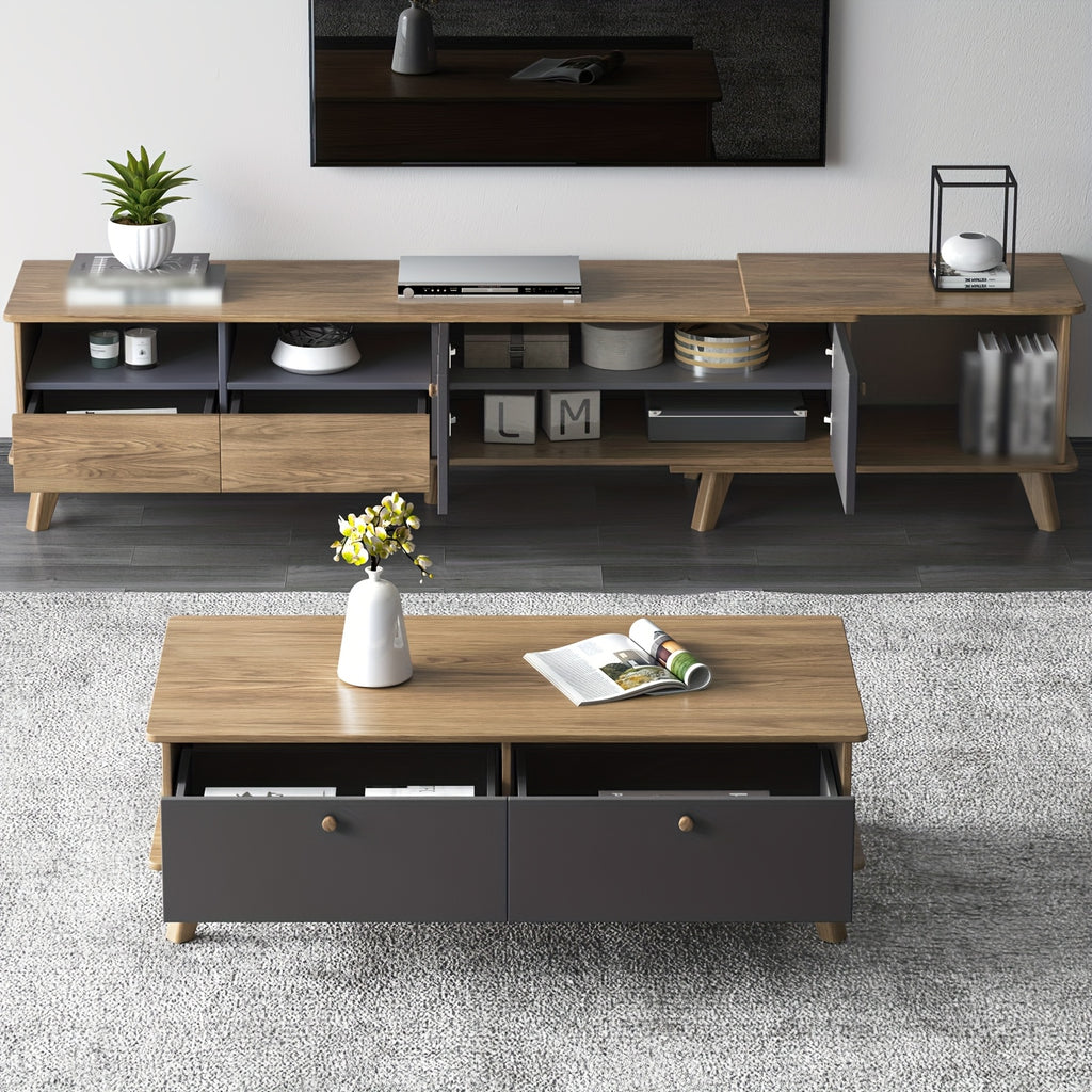 3pcs Mid Century Modern TV Stand Entertainment Center | Extendable TV Cabinet, Coffee Table and Side Table Set of 3, TV Cabinet with Storage for TVs Up to 80\