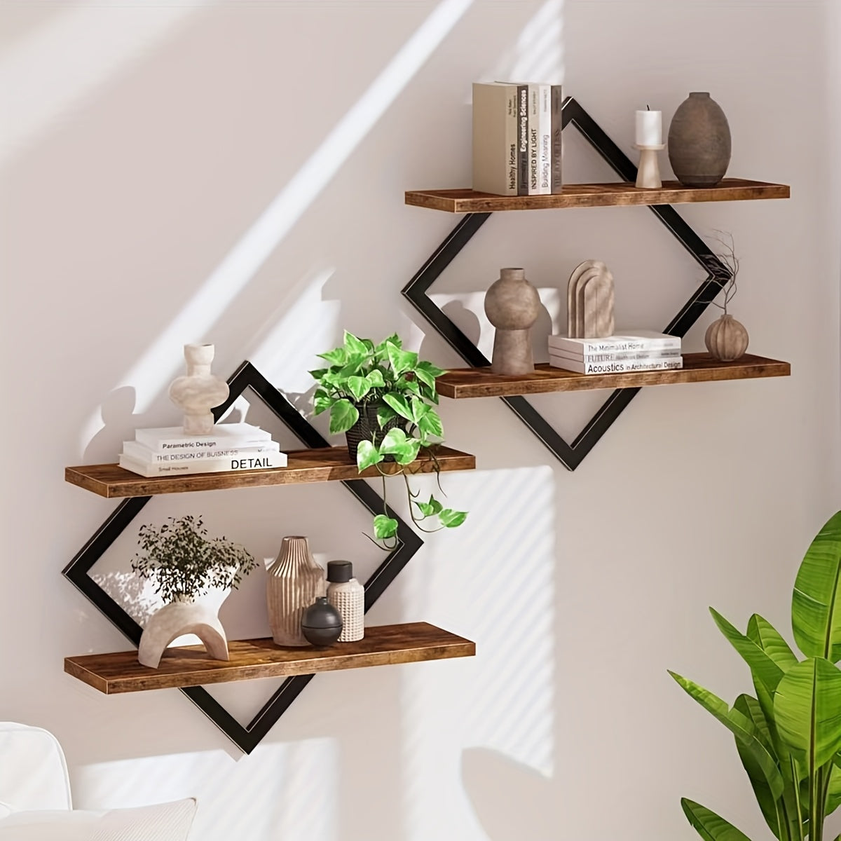 2\u002F4pcs Double Layer Geometric Diamond Wall Floating Shelf Decorative Industrial Hanging Metal Wire Wooden Display Stand, Simple Style Wall Floating Stand, Artistic Style, Suitable for Living Room Kitchen, Floating Shelves