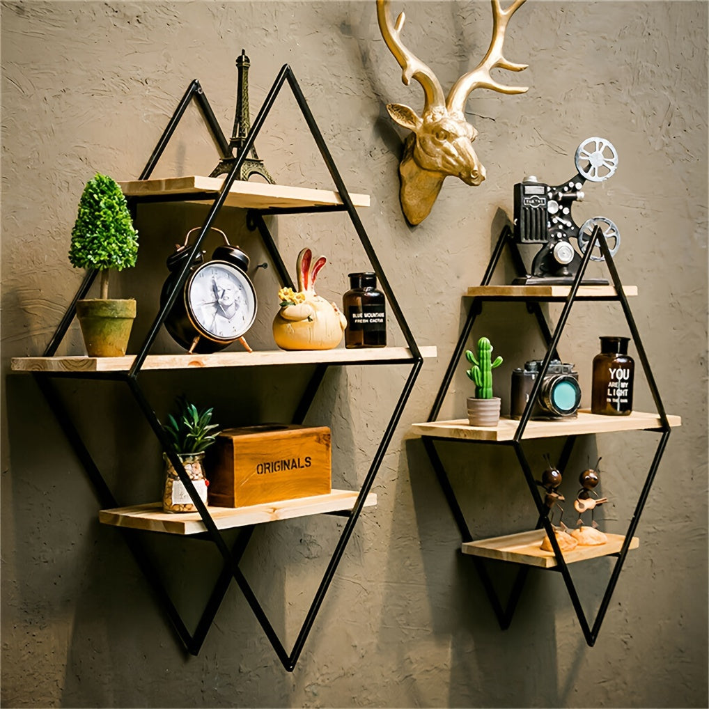 3 Tier Geometric Diamond Wall Floating Shelves Decorative Industrial Hanging Metal Wire Wood Display Shelf for Living Room Kitchen