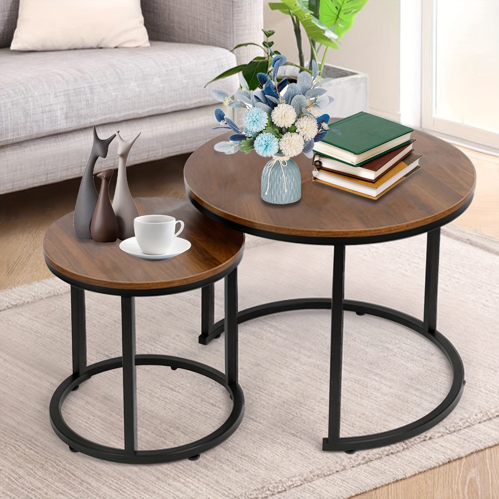 Set of Two Circular Nesting Tables Featuring a White Faux Marble Top And a Golden Frame, Perfect for Modern Living Rooms Or Bedrooms with an Industrial Touch
