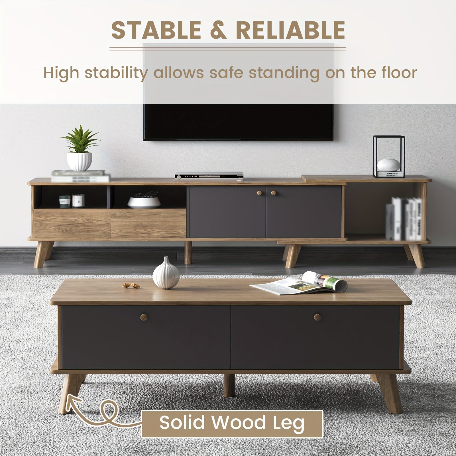 3pcs Mid Century Modern TV Stand Entertainment Center | Extendable TV Cabinet, Coffee Table and Side Table Set of 3, TV Cabinet with Storage for TVs Up to 80\