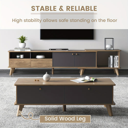 3pcs Mid Century Modern TV Stand Entertainment Center | Extendable TV Cabinet, Coffee Table and Side Table Set of 3, TV Cabinet with Storage for TVs Up to 80\