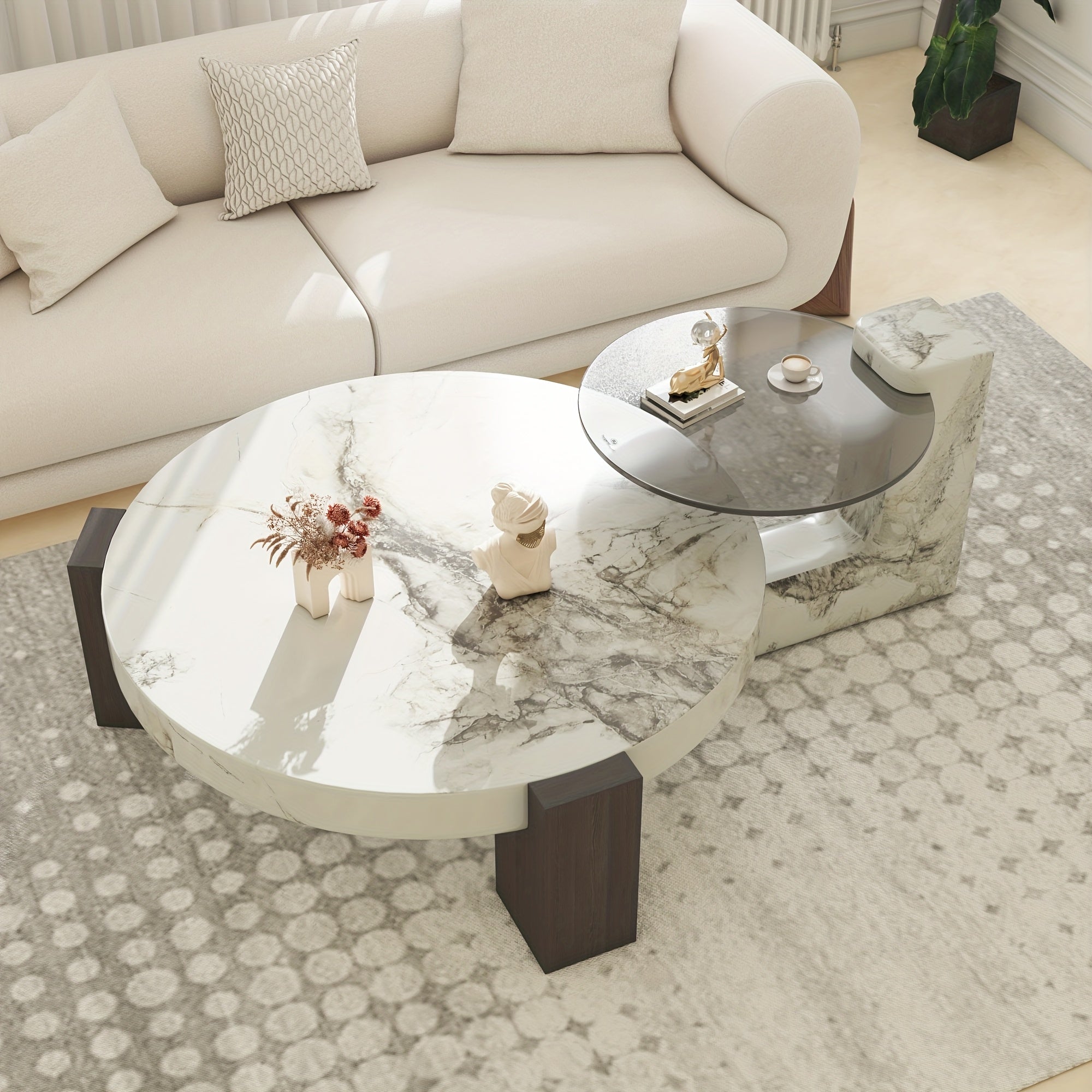 Contemporary Round Nesting Coffee Table Collection (Set of 2) - Distinctive Design - Circular Coffee Table for Living Spaces - Marble-Like Textured Top - C-Shaped Edge Table - Ideal for Living Rooms, Flats, And Bedrooms - Nesting Tables