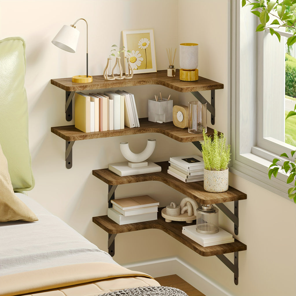 4pcs Rustic Wood Floating Shelves Wall Mounted - Wood Grain Heavy-Duty Wood Planks Suitable for Home Decor, Bathroom, Kitchen, Bedroom, Living Room, Office - Assembly, Display & Storage Shelves, Floating Shelves