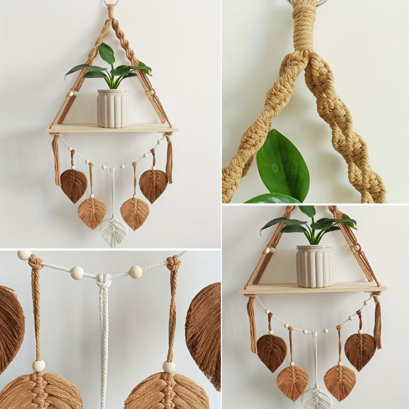 Macrame Wall Hanging Shelf, Boho Wall Plant Hanger Shelves With Handmade Woven Leaves, Wood Floating Shelf For Bedroom Living Room Apartment Home Decor