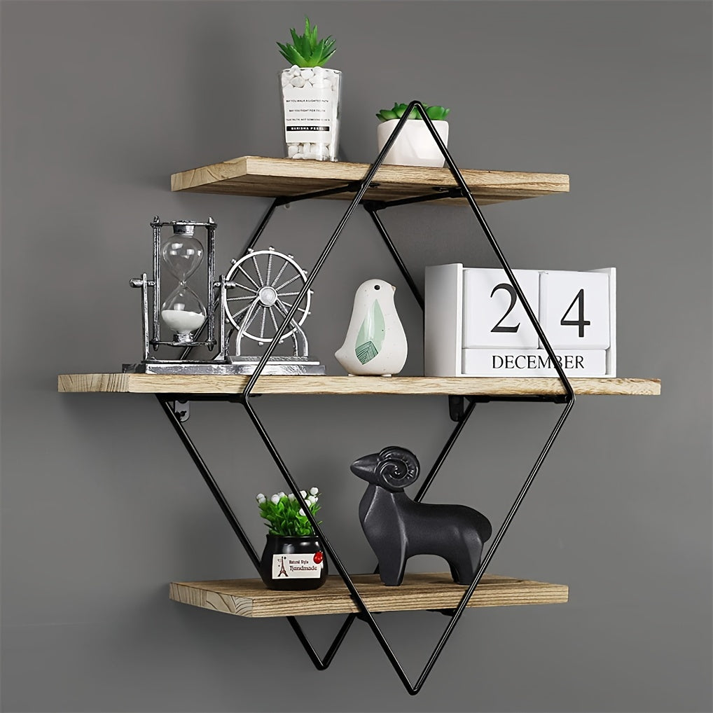 3 Tier Geometric Diamond Wall Floating Shelves Decorative Industrial Hanging Metal Wire Wood Display Shelf for Living Room Kitchen