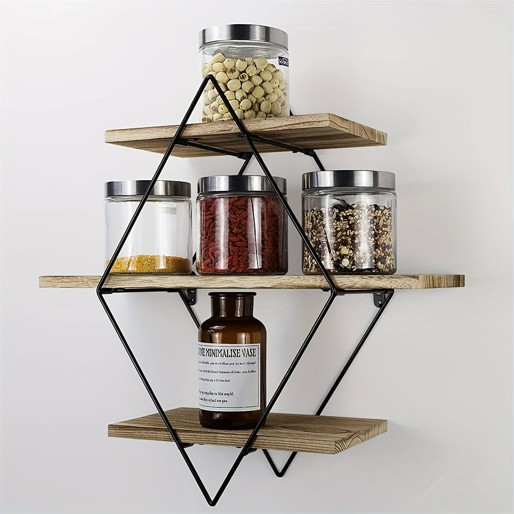 3 Tier Geometric Diamond Wall Floating Shelves Decorative Industrial Hanging Metal Wire Wood Display Shelf for Living Room Kitchen