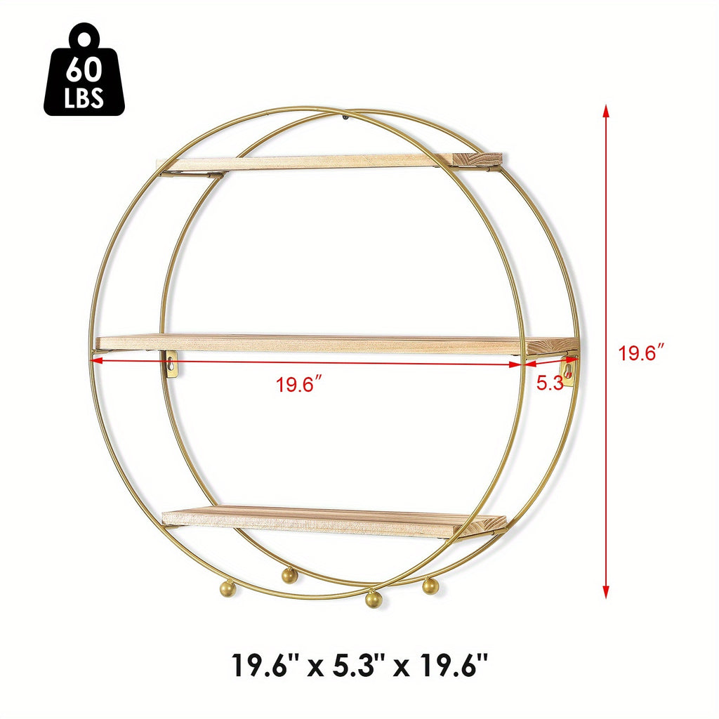 Round Floating 3-Tier Wall Shelf - Sturdy Wood And Metal Decorative Shelf for Living Room, Bedroom, Bathroom, Kitchen, Office, Halloween Decoration, Floating Shelves