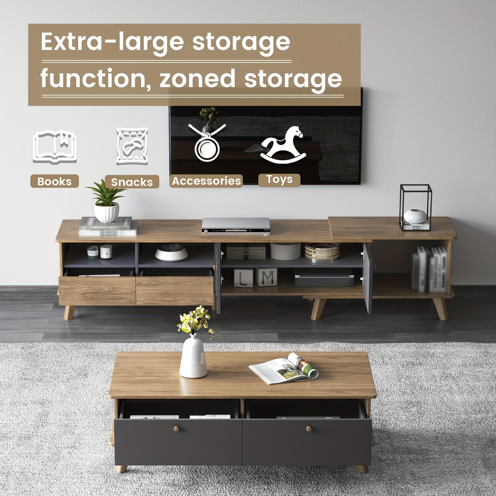 3pcs Mid Century Modern TV Stand Entertainment Center | Extendable TV Cabinet, Coffee Table and Side Table Set of 3, TV Cabinet with Storage for TVs Up to 80\