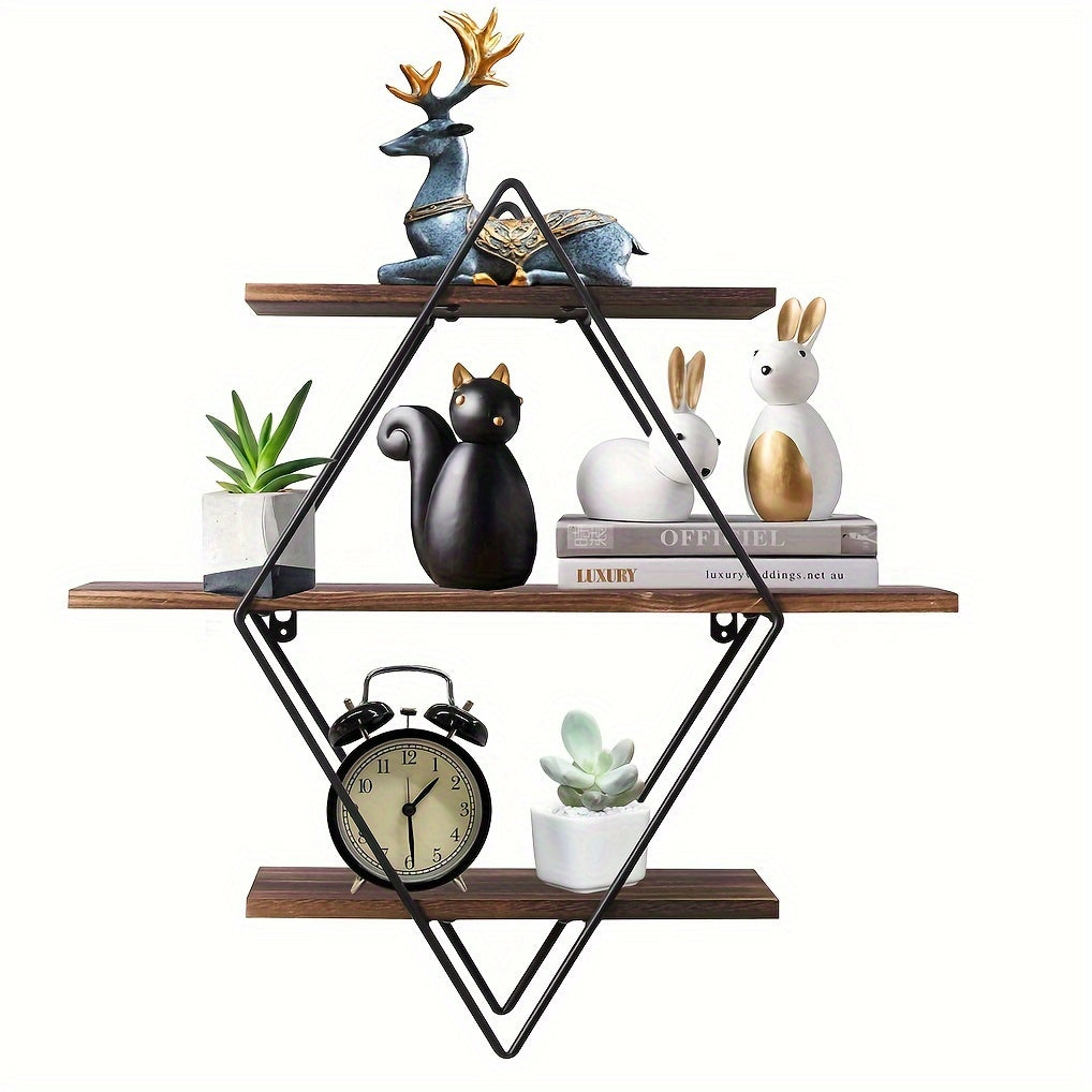3 Tier Geometric Diamond Wall Floating Shelves Decorative Industrial Hanging Metal Wire Wood Display Shelf for Living Room Kitchen