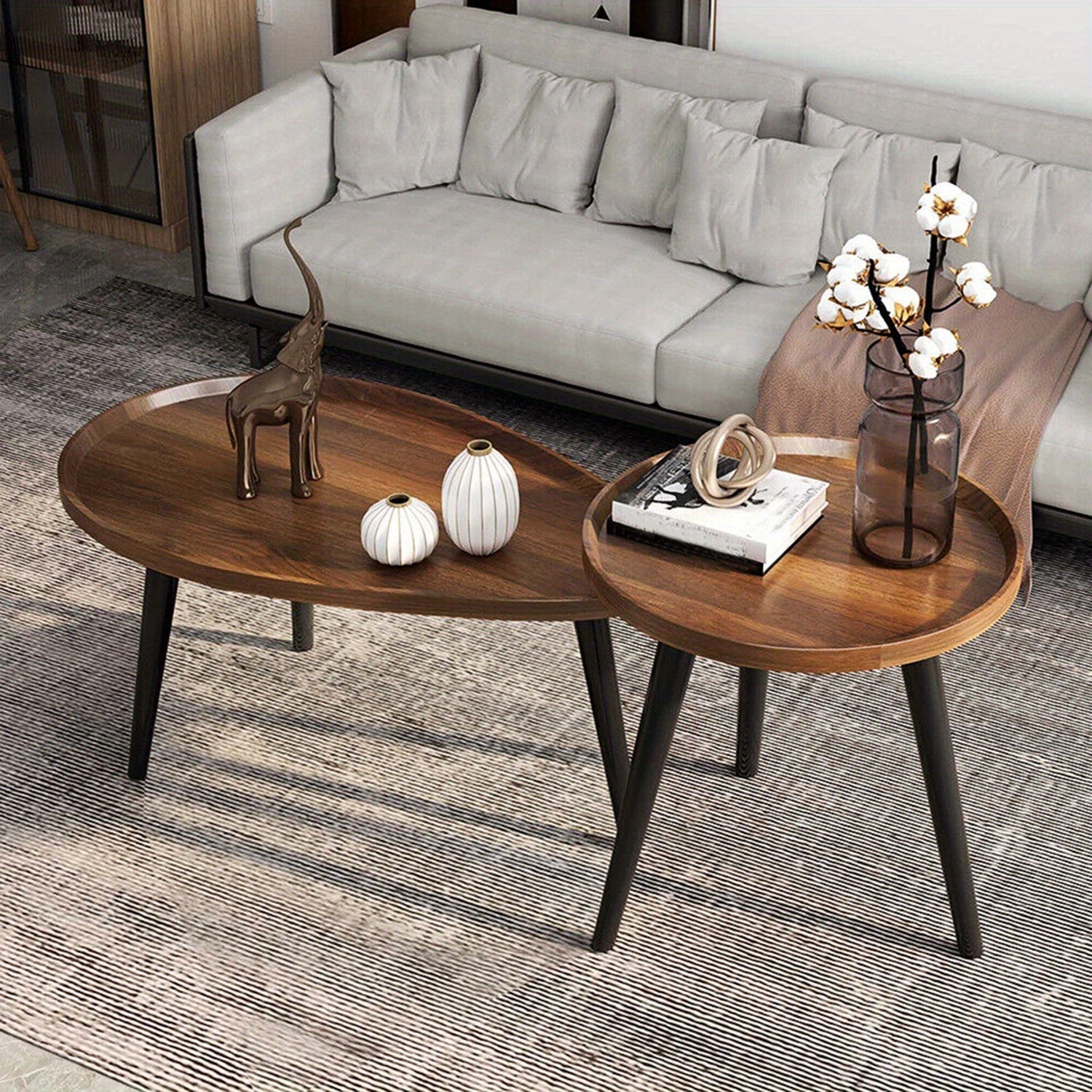 AESOME Nesting Coffee Table Nightstand Et Of 2 Round Oval Small Space Sofa Side Table Nordic Light Living Room Home Combination Small Table Easy Assembly