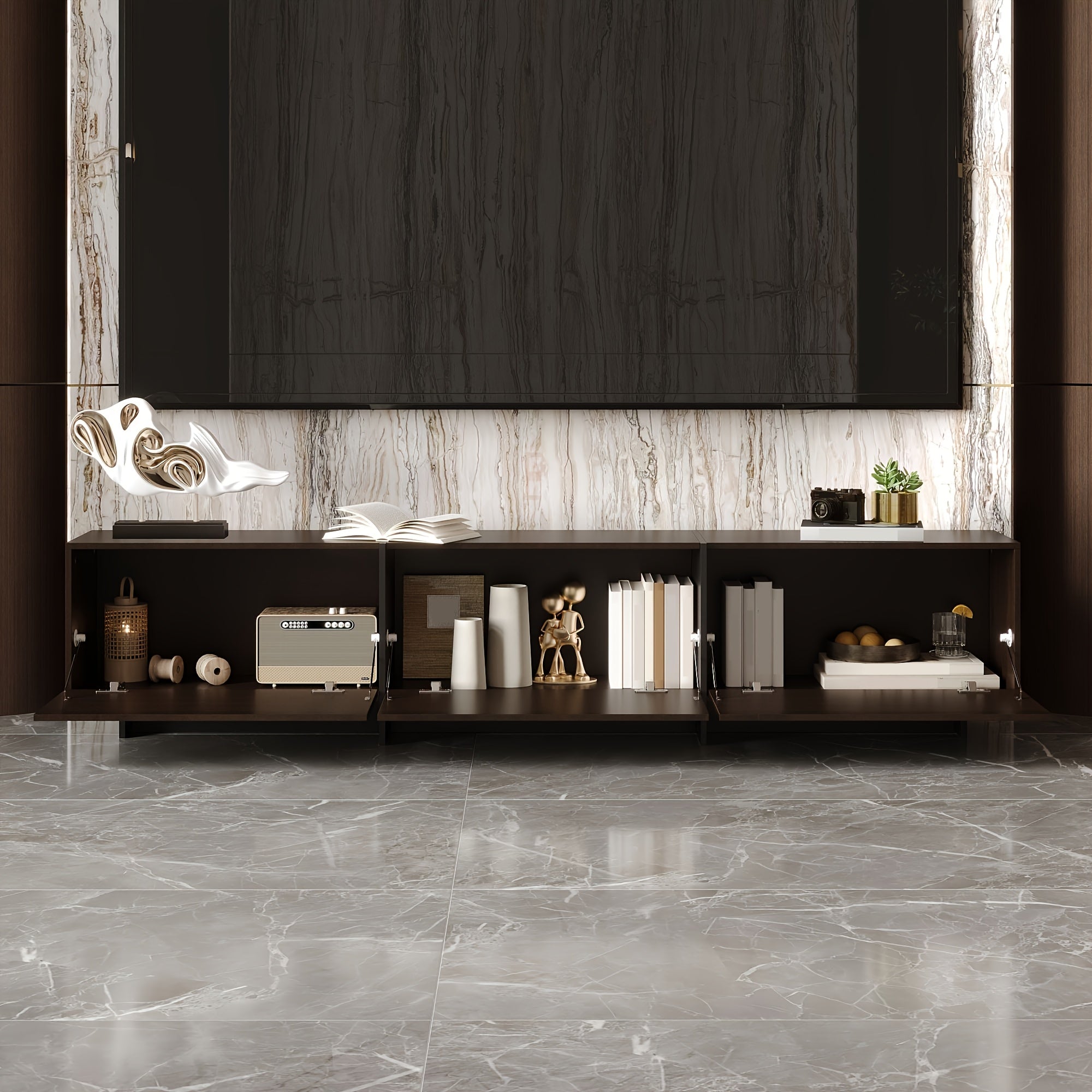 71.7'' Wide Home TV Stand for Up to 55'' to 65'' Tvs, with 3 Storage Cabinets & Flip-down Doors, Modern Media Console Entertainment Center for Living Room, Brown