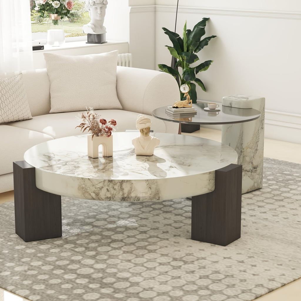 Contemporary Round Nesting Coffee Table Collection (Set of 2) - Distinctive Design - Circular Coffee Table for Living Spaces - Marble-Like Textured Top - C-Shaped Edge Table - Ideal for Living Rooms, Flats, And Bedrooms - Nesting Tables