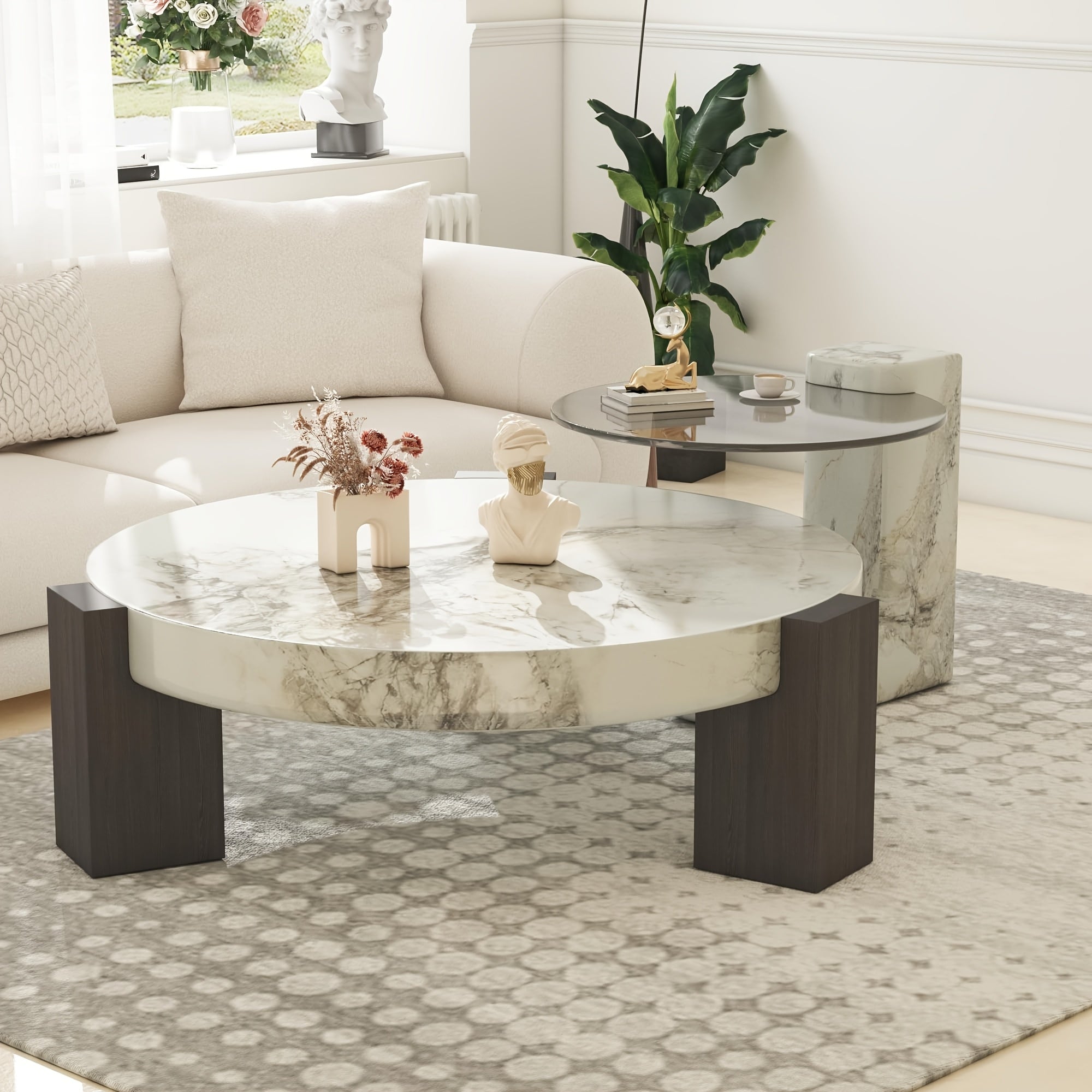 Contemporary Round Nesting Coffee Table Collection (Set of 2) - Distinctive Design - Circular Coffee Table for Living Spaces - Marble-Like Textured Top - C-Shaped Edge Table - Ideal for Living Rooms, Flats, And Bedrooms - Nesting Tables
