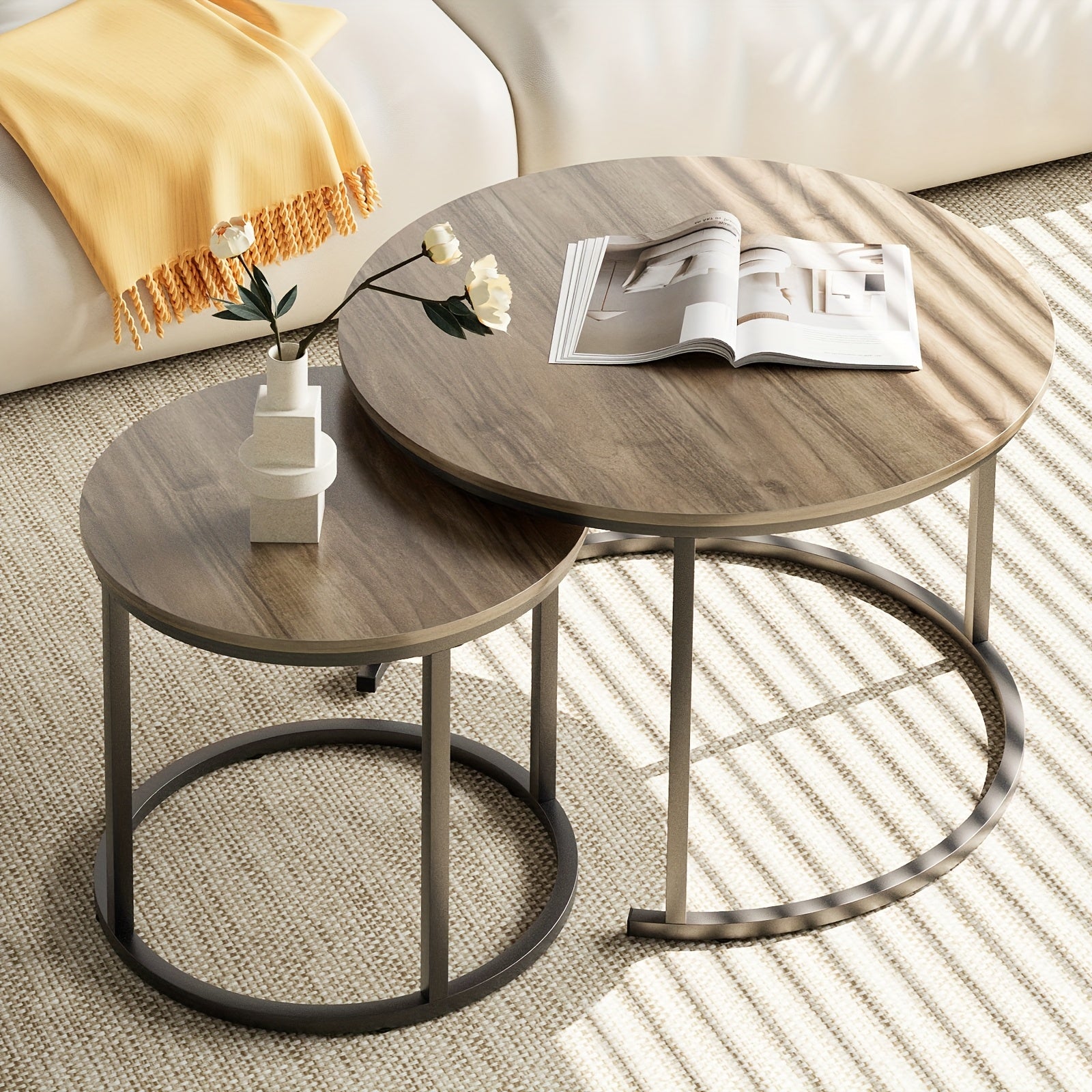 Set of Two Circular Nesting Tables Featuring a White Faux Marble Top And a Golden Frame, Perfect for Modern Living Rooms Or Bedrooms with an Industrial Touch