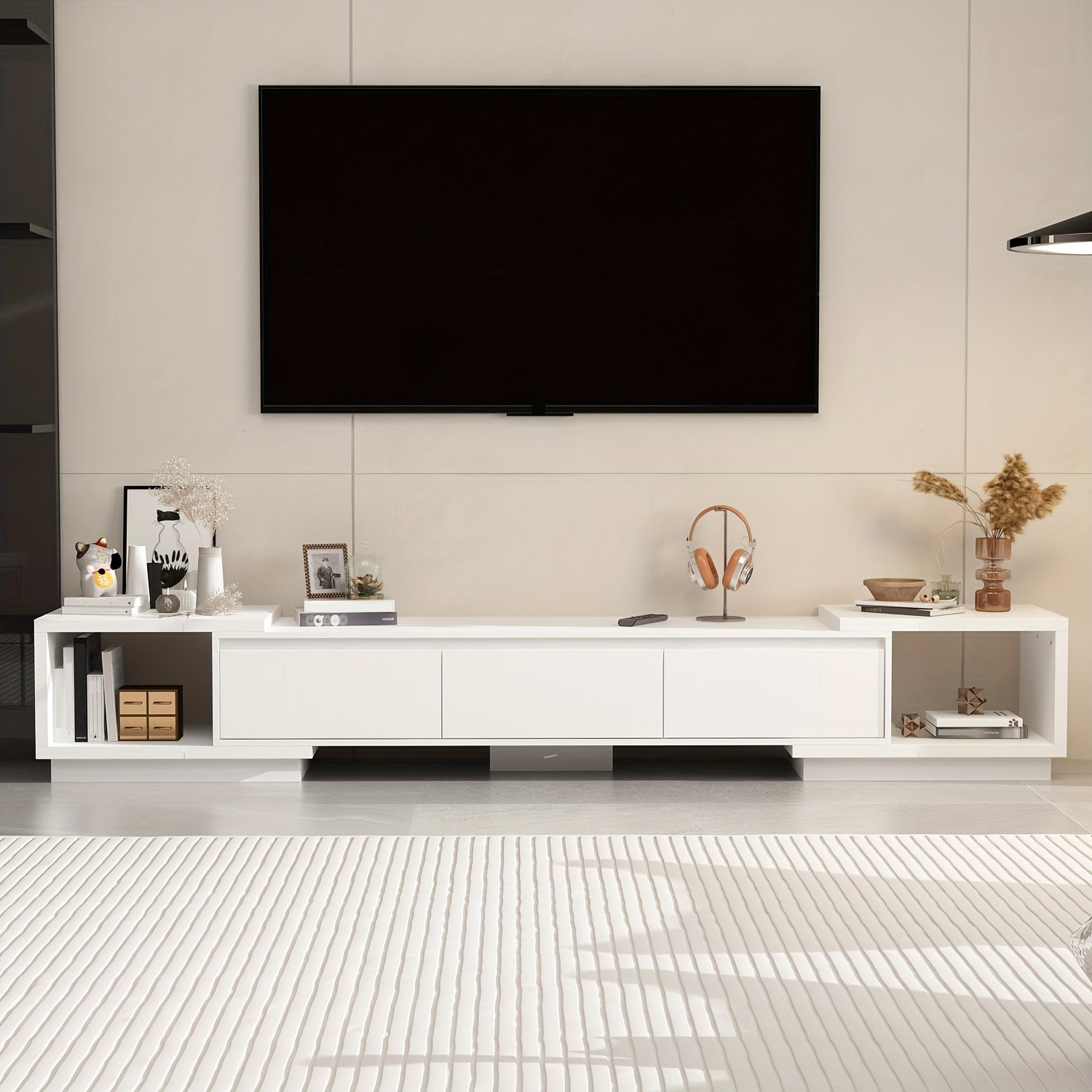 Contemporary Television Unit Featuring Three Drawers, a Versatile And Extendable Design Suitable for Televisions Measuring Up to 120 Inches, a Wooden Gaming And Entertainment Center with Adjustable Width