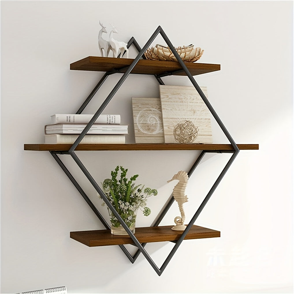 3 Tier Geometric Diamond Wall Floating Shelves Decorative Industrial Hanging Metal Wire Wood Display Shelf for Living Room Kitchen