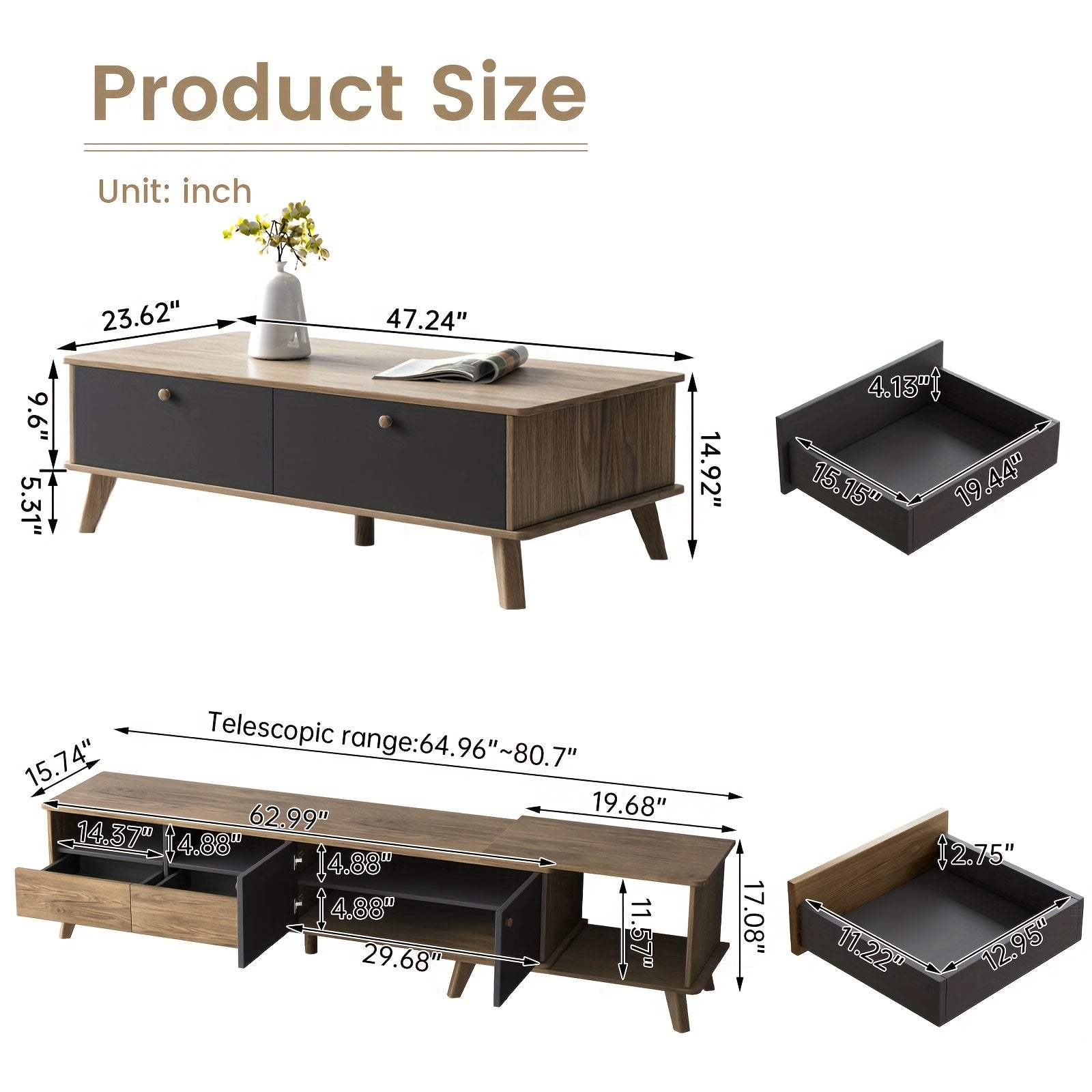 3pcs Mid Century Modern TV Stand Entertainment Center | Extendable TV Cabinet, Coffee Table and Side Table Set of 3, TV Cabinet with Storage for TVs Up to 80\