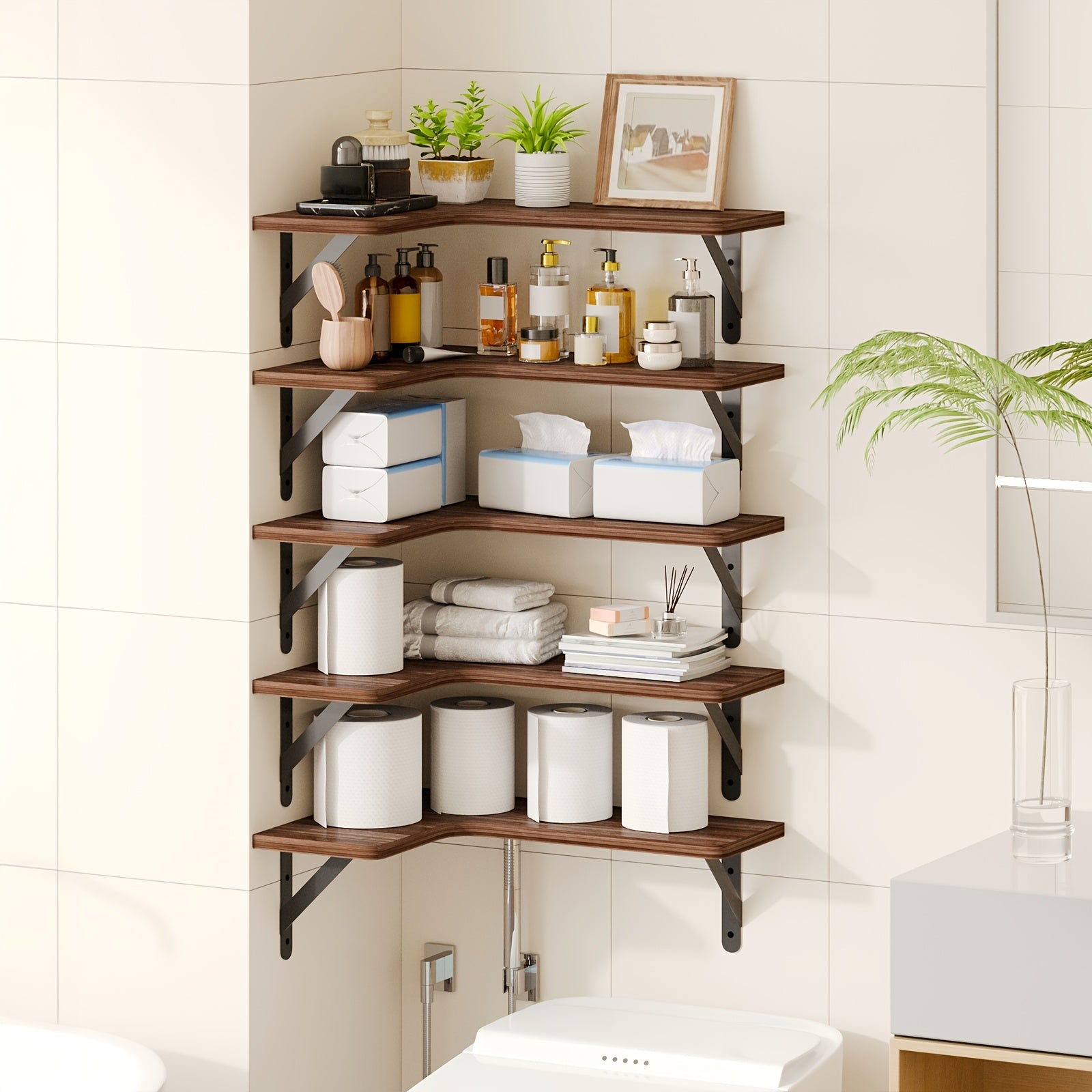 TOMNK Corner Floating Shelves, Rustic Wood Wall Shelves Heavy Duty, Easy To Install Space Saving, For Room Decor Bathroom Storage And Accessories Kitchen Bedroom Or Living Room, 5\u002F6 Pcs, Muti Colours, For Halloween And Christmas