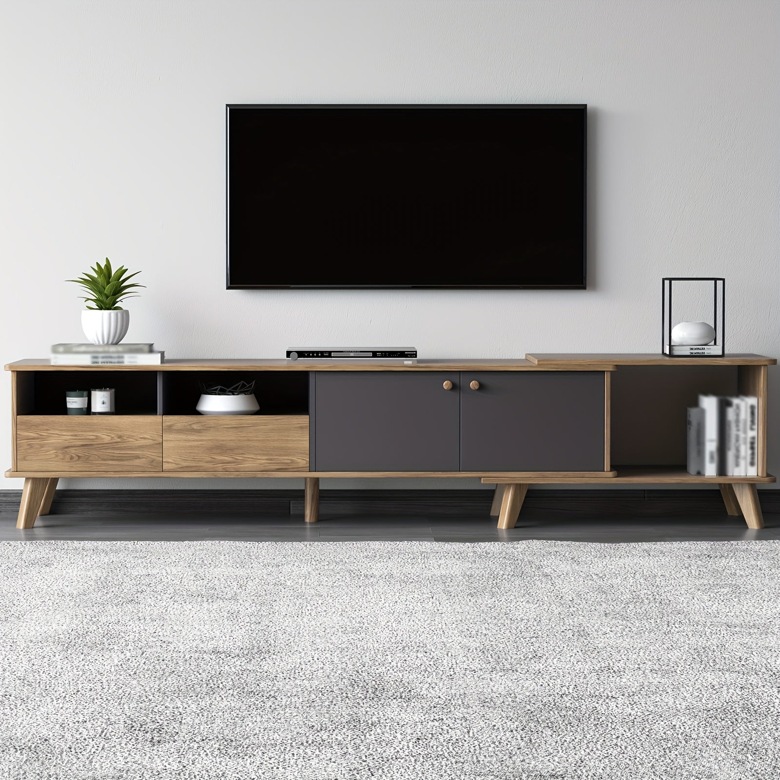 3pcs Mid Century Modern TV Stand Entertainment Center | Extendable TV Cabinet, Coffee Table and Side Table Set of 3, TV Cabinet with Storage for TVs Up to 80\