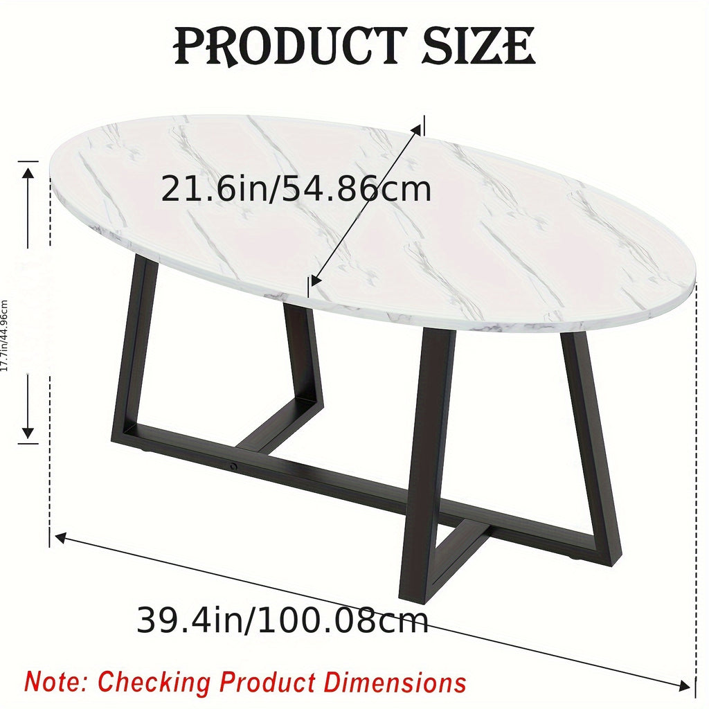 White Faux Marble Table Oval Coffee Table, White Faux Marble Living Room Table, Modern Small Space Center Coffee Table With Sturdy Metal Legs, Metal Frame, Easy To Assemble, Versatile Home Or Office Furniture For Living Room