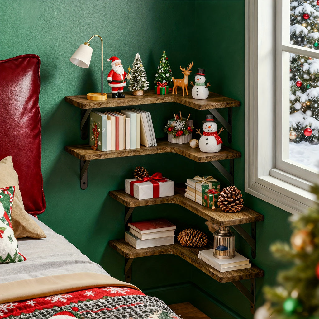 4pcs Rustic Wood Floating Shelves Wall Mounted - Wood Grain Heavy-Duty Wood Planks Suitable for Home Decor, Bathroom, Kitchen, Bedroom, Living Room, Office - Assembly, Display & Storage Shelves, Floating Shelves