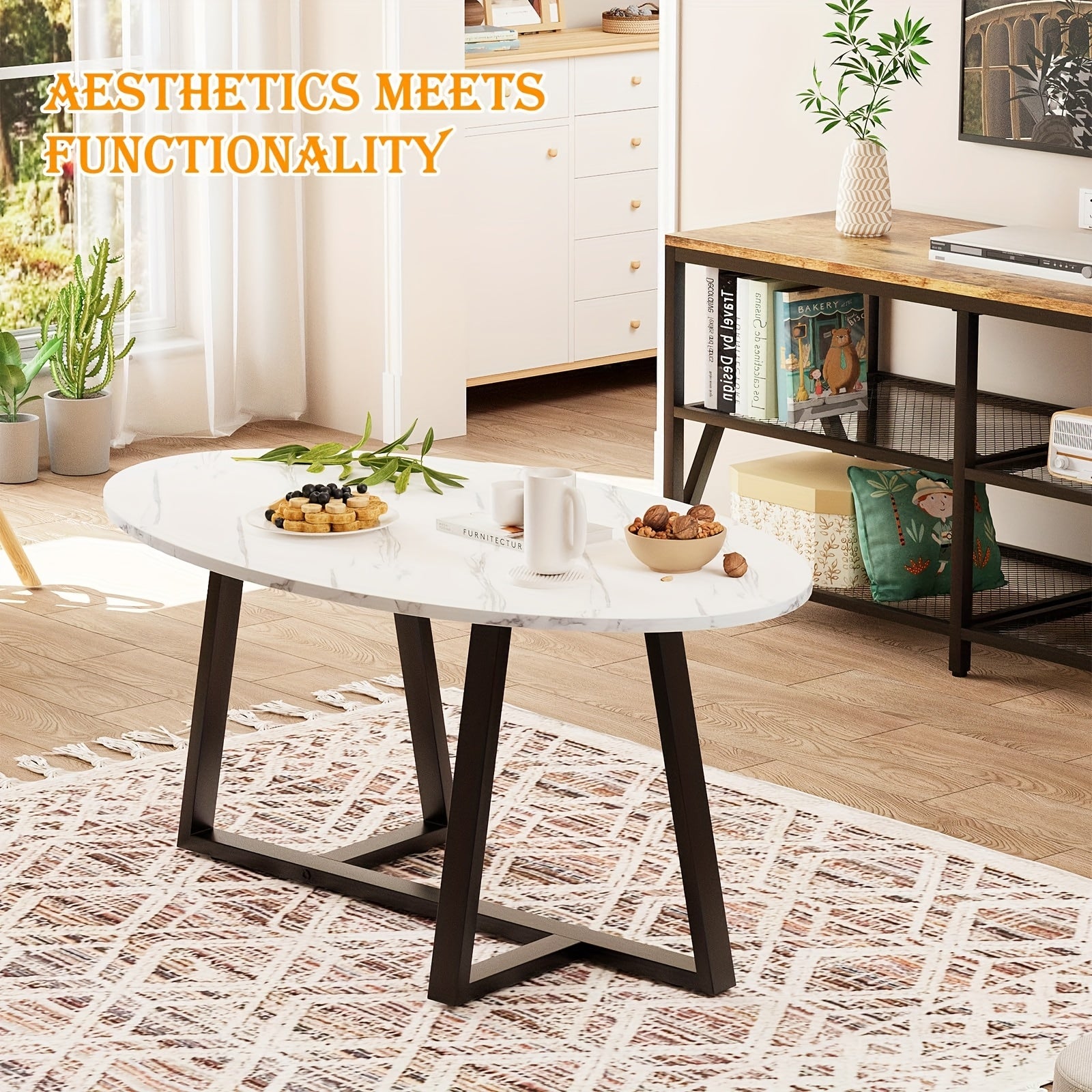 White Faux Marble Table Oval Coffee Table, White Faux Marble Living Room Table, Modern Small Space Center Coffee Table With Sturdy Metal Legs, Metal Frame, Easy To Assemble, Versatile Home Or Office Furniture For Living Room