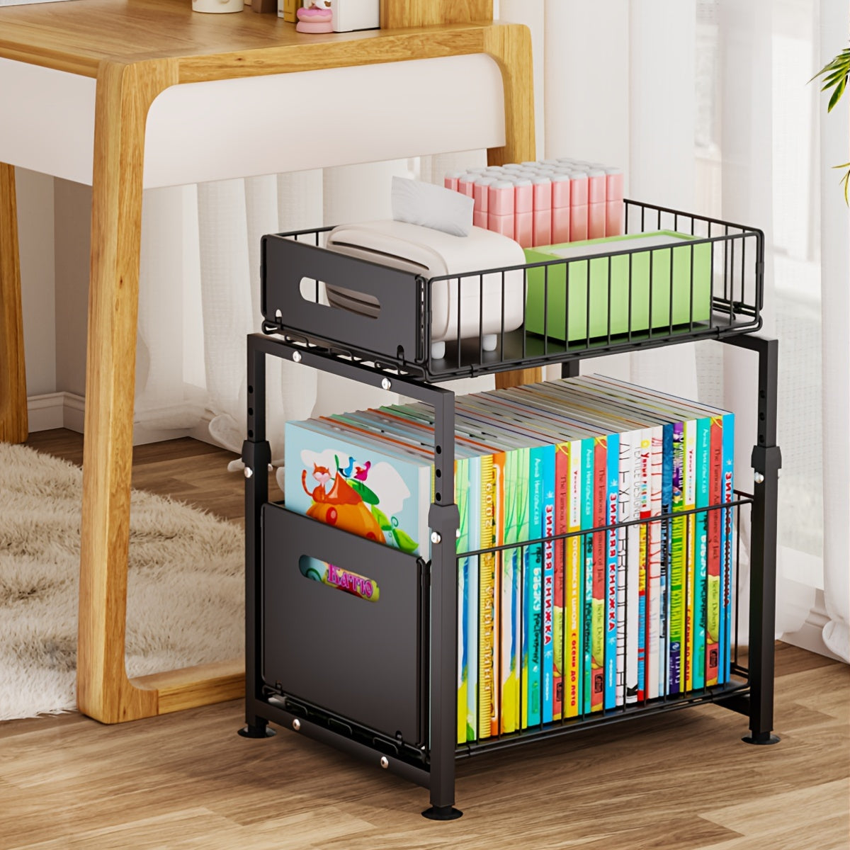 2-Tier Slide-Out Under Sink Organizer - Heavy-Duty Carbon Steel Kitchen & Bathroom Storage Shelf with Adjustable Shelves, Hooks & Sliding Drawers - Space-Saving Cabinet Organizer for Utensils, Spices, Cleaning Supplies - Easy Installation