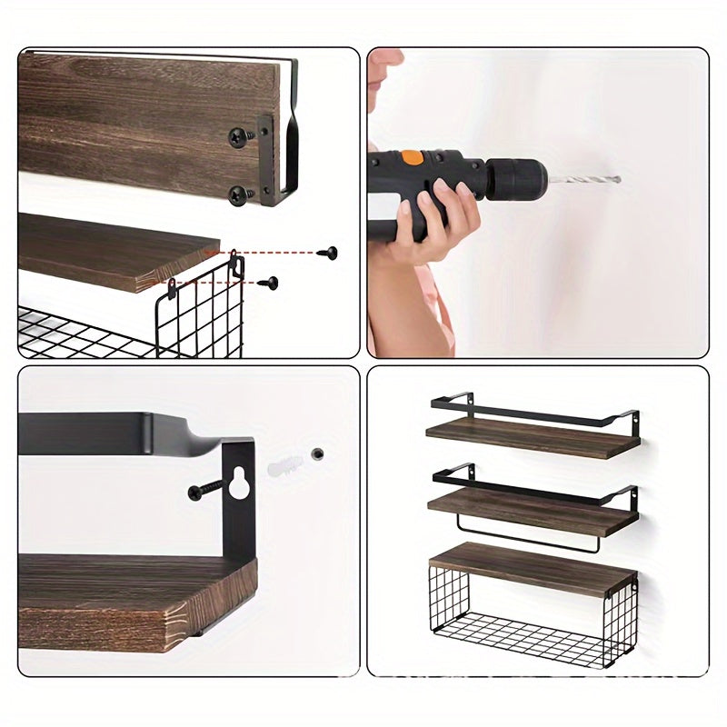 4 Iron Wrought Wooden Suspended Shelves, Hard Wood, Iron Frame Fence, Firm And Convenient, Suitable For Vases, Flower POTS, Books, Incense, Candles, Cups, Snacks And Other Sundry Storage, Valentine'S Day\u002FNew Year Decorater, Floating Shelves