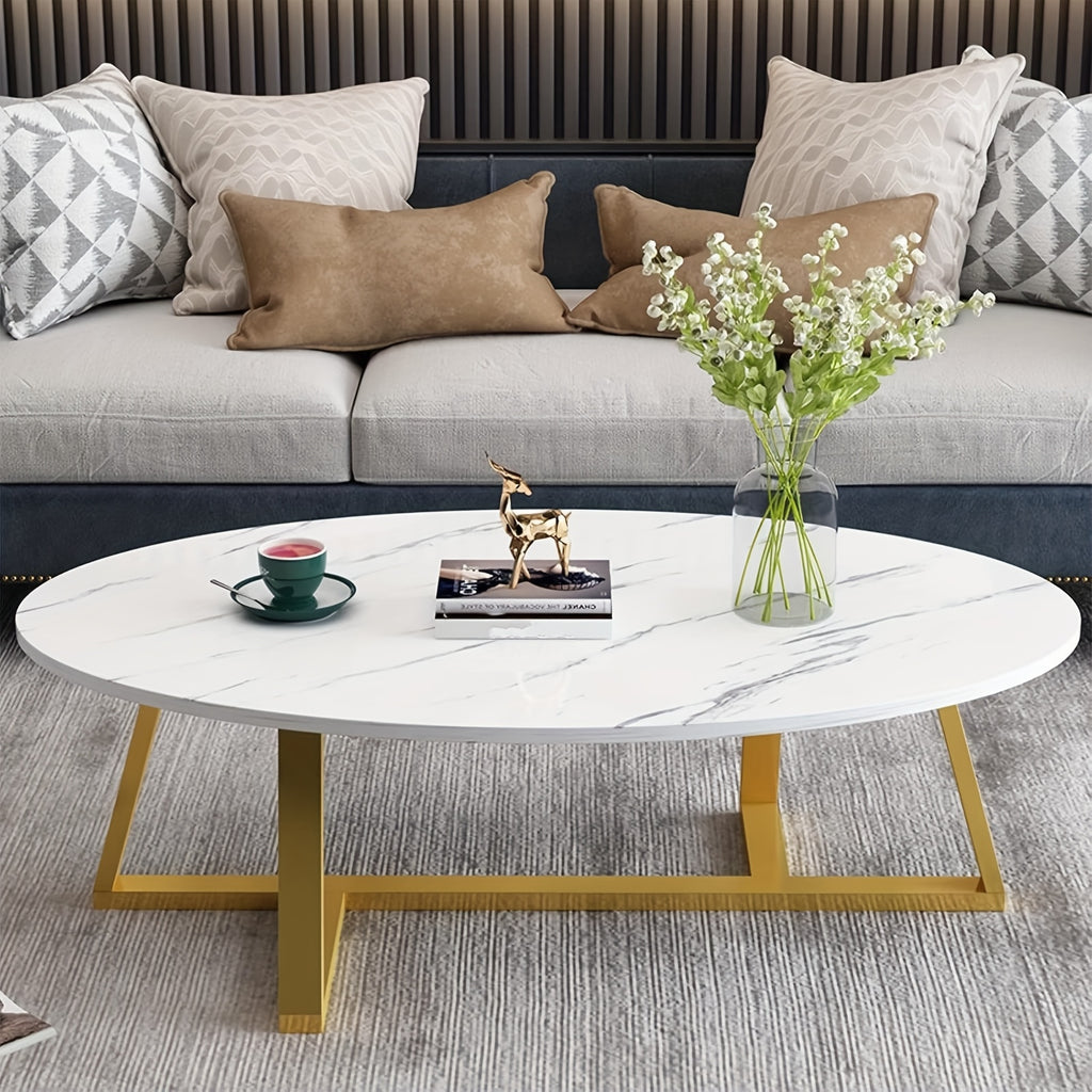 White Faux Marble Table Oval Coffee Table, White Faux Marble Living Room Table, Modern Small Space Center Coffee Table With Sturdy Metal Legs, Metal Frame, Easy To Assemble, Versatile Home Or Office Furniture For Living Room